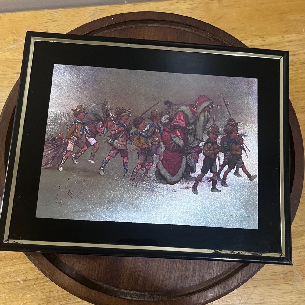 Vtg Harold Earnshaw Father Christmas Boy Scouts Frame Foil‎ Art Print 10x8 Santa